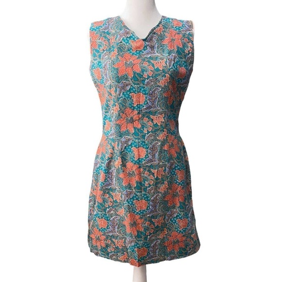 Vintage 70s Talon Blue Sleeveless V Neck Back Zip Slit Floral Dress small 4 - Picture 2 of 16